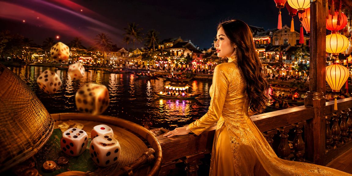 Người mặc áo dài chơi tài xỉu với xúc xắc tại phố cổ Hội An lung linh đèn lồng